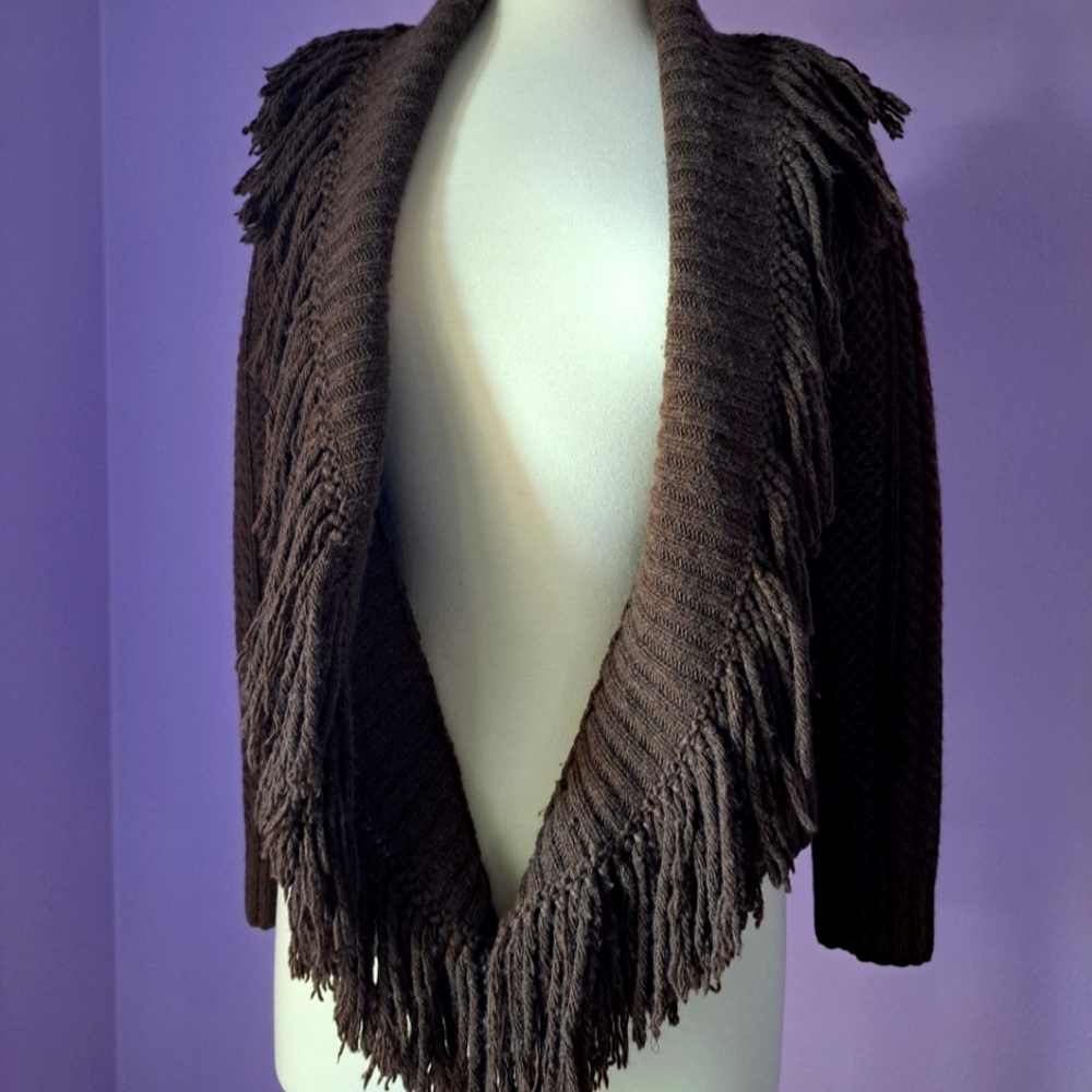 RALPH LAUREN Brown Fringe Wool/Cashmere Handknit Sweater